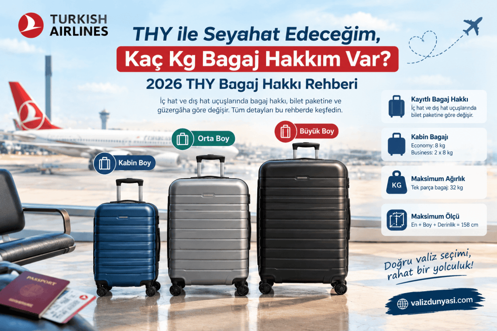 Turkish Airlines bagaj hakkı rehberi, farklı boyutlarda valizler ve uçuş kuralları hakkında bilgiler sunuyor.